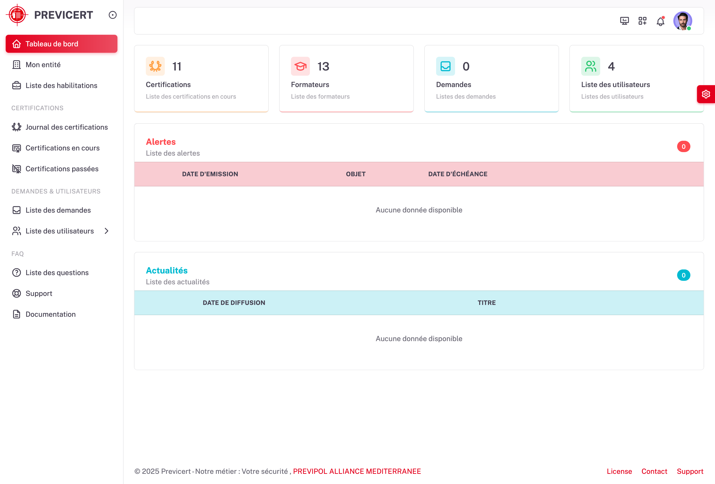 Interface Previcert - Gestion des certificats